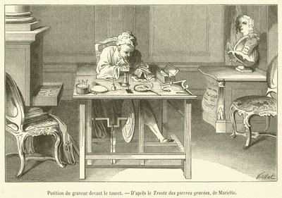 Oyma makinesinin makaranın önündeki konumu (gravür) by French School