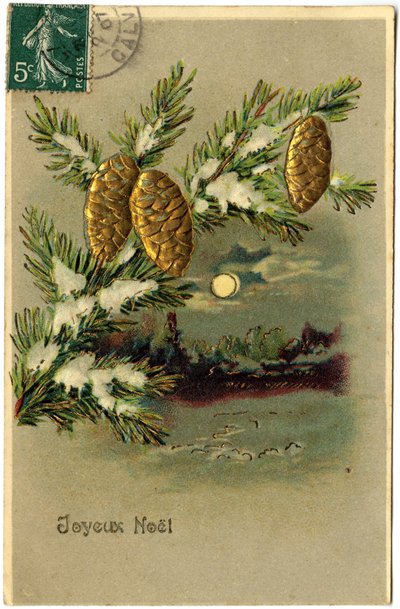 Kartpostal: Mutlu Noeller (renkli baskılı, kabartmalı ve yaldızlı kağıt) by French School