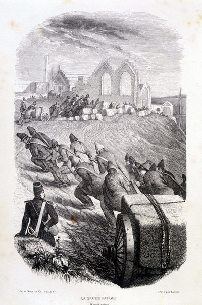 Mahkumlar taş ocağı taşlarından bloklar çekiyor, “”Les Bagnes: histoire, types, moreurs, mystique”, Maurice Alhoy, ed. Gustave Havard by French School