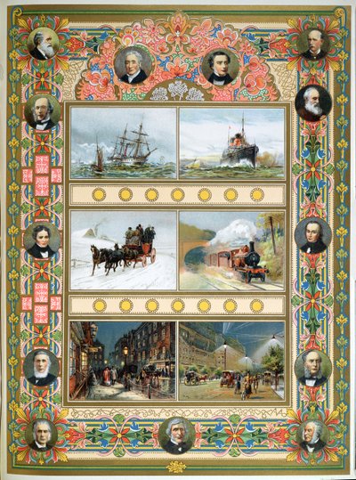 Kraliçe Victoria (1819-1901) döneminde ilerleme. Yelkenli gemiler, buharlı gemiler, buharlı tren ve gaz ve elektrikli sokak aydınlatması, 1887 by French School