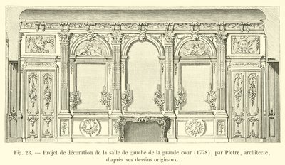 Büyük avlunun sol odasının dekorasyonu için proje, 1778, mimar Pietre tarafından orijinal çizimlerinden by French School