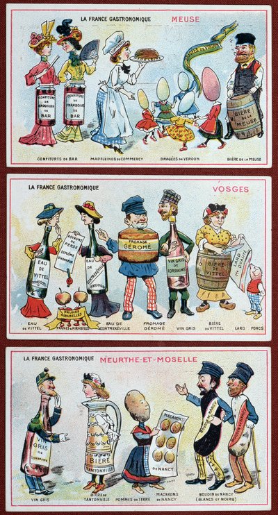 Lorraine bölgesinin yemek spesiyalitelerini gösteren çocuklar için promosyon ve eğitim kartları, c.1910 by French School
