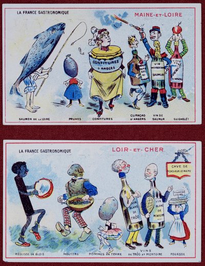 Maine-et-Loire ve Loir-et-Cher Bölgelerinin yemek spesiyalitelerini gösteren çocuklar için promosyon ve eğitim kartları, c.1910 by French School