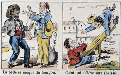 Epinal suretindeki atasözü: “” Kürek minibüsle alay eder””, “” Kim yükselir, indirilir”” by French School