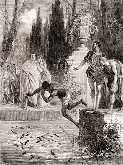 Publius Vedius Pollio, Romalı atlı, bir köleyi lambalı yılan balıklarına beslerken, Les Merveilles de la Science