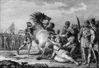 Brunehaut'un Cezası, 613: Austrasia kraliçesi Brunehaut veya Brunehilde (543-613), yere sürüklenmeden önce yılmaz bir atın kuyruğuna takılır. 18. yüzyılın gravürü. by French School