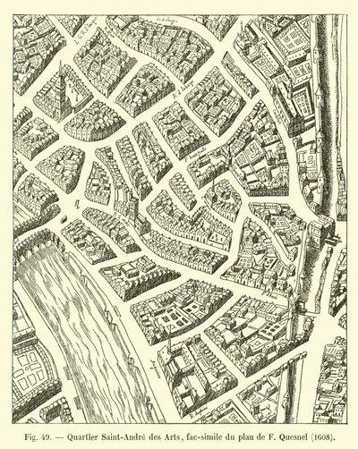 Saint-Andre des Arts bölgesi, F Quesnel tarafından planın tıpkıbasımı, 1608 by French School
