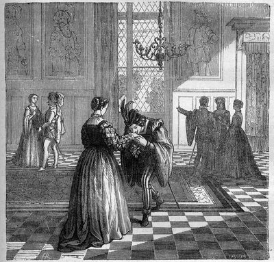 Navarre Kraliçesi Margarita (1492-1549) Pomini ile tanışır. Dr. Th tarafından “Antik çağlardan günümüze tüm dünya halkları arasında fuhuş ve sefahat tarihi”nde gravür. -F. Debray. 1879. by French School