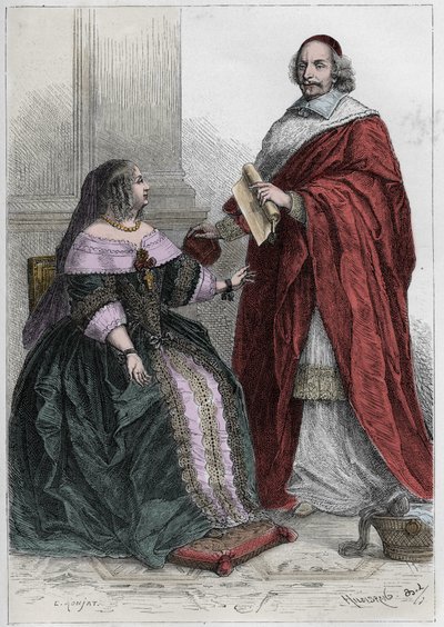 Fransa Kraliçesi Avusturya Anne (1601-1666) ve Kardinal Jules Mazarin (Giulio Raimondo Mazzarino veya Mazarino) (1602-1661 - Avusturya Anne (1601-66) ile Kardinal Mazarin (1602-61) - gravür “” L