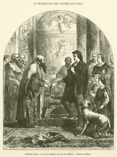 On beşinci yüzyıl, Yunanlılar Medici sarayına göç etti (gravür) by French School