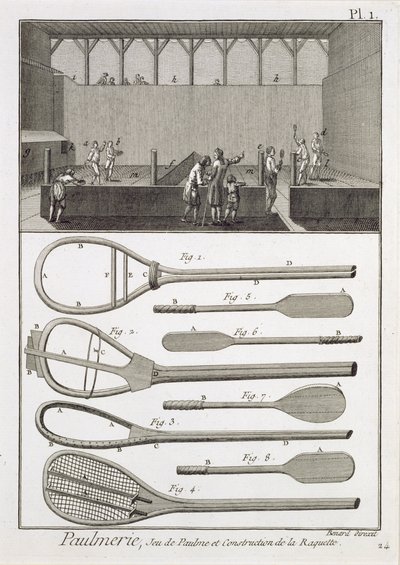 Gerçek tenis ve raket yapımı, Ansiklopediden Denis Diderot (1713-84), Robert Benard (d.1734) tarafından oyulmuş, c.1770 yayınlanmıştır by French School