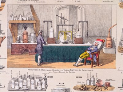 Suyun hidrojen ve oksijenden yeniden bileşimi: Antoine Laurent de Lavoisier (1743-94) dinlenen bir adamın solunumu üzerinde deney yapıyor, bir eğitim plakasından çizim, c.1860 (renkli gravür) by French School