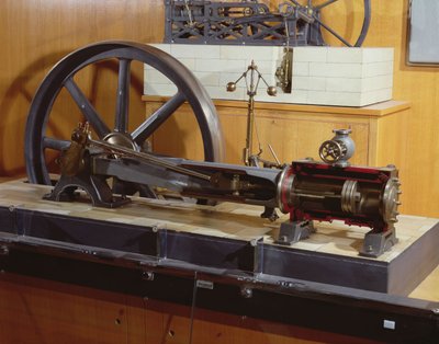 George Henry Corliss (1817-88) tarafından icat edilen buhar motorunun yeniden inşası (metal) by French School