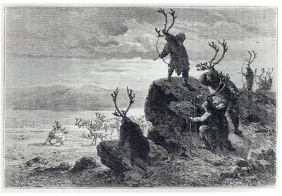 Taş Devrinde Ren Geyiği Avı, Louis Figuier (1819-94) tarafından LHomme Primitif