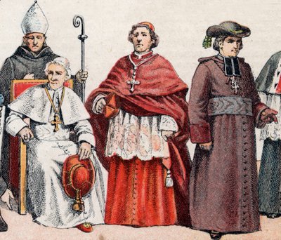 Dini kostümler: g'den d'ye kadar gönye takan ve piskoposluk kıçını tutan eveque, oturan Papa Leon XIII (Leone XIII), ön örgü şapında (veya cappa magna) bir kardinal ve bir eveque ceket - l'den r'ye, piskopos gönye ve crosier ile, Papa L by French School