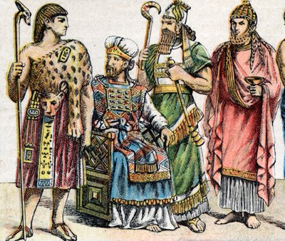 Antik Çağda dini kostümler: Mısırlı bir yüksek rahip, bir İbrani yüksek rahip, resmi kıyafetli bir Asur kralı ve bir Fenikeli rahibin gad portresinden - Gravür - Antik çağlardaki dini kostümler: soldan sağa, bir e'nin portresi by French School
