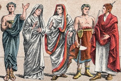 Antik Çağda Dini Kostümler: Bir Yunan rahibin gad portresi, kurban bakanı, bir rahibe, eski Roma'nın rahibesi ve eski Roma'da bir Büyük Papaz (Pontifex maximus), tapınmaya adanmış bir papa ve bir flamen (flamen) Roma rahibi O'nun by French School