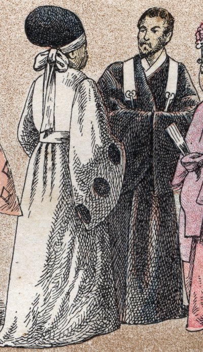 Asya'da dini kostümler: Japonya'dan iki şinto rahibi - Gravür - Asya'da dini kostümler: Japonya'dan iki şinto Rahibi - Gravür - Özel koleksiyon by French School