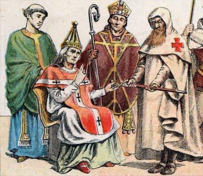 Orta Çağ'da dini kostümler: g'den 10. yüzyılın rahibine, 11. yüzyılda bir papaya, 12. yüzyıla kadar bir arif (gönye ve popo ile) ve Hospitallers Tarikatı'nın (St. . Kudüslü John) - Dini maliyet by French School