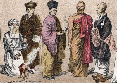 Asya'nın dini kostümleri: bir rahip Parsi'nin gad portresinden (parsizmin takipçisi), Lama (Tibet ruhani ustası), Çinli Budist rahip, Seylan bonze ve Japon Budist rahip - Gravür - Asya'daki dini kostümler: soldan teçhizata by French School