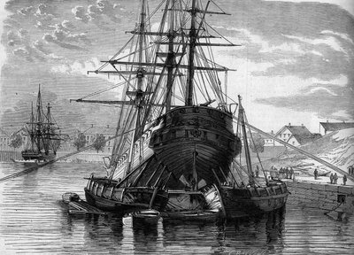 Bir geminin onarımı ("Vera Cruz" vapuru): Keşfedilen helisi yerleştirmek için arkayı kaldırıyoruz. 1863. 30 Mayıs 1863 tarihli “Le Monde Illustré” n°320