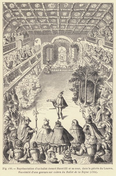 Louvre galerisinde Henri III ve sarayının önünde bir bale temsili (gravür) by French School