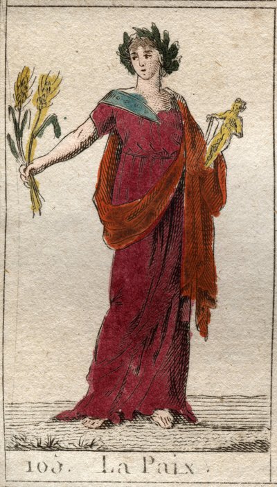 Barışın temsili, bir demet tutan defne ile taçlandırılmış bir kadın olarak. Pierre Blanchard 1803