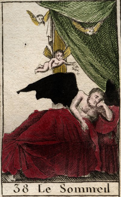 Rüyanın kanatlarının yanında, bir sarayda ebediyen istirahat eden Uykunun temsili. (Somnus, uyku tanrısı, kanatlı rüyalarla çevrili bir sarayda uyur) Pierre Blanchard 1803