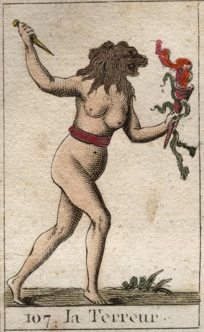 Terörün temsili, aslan başlı, elinde bıçak ve yılan tutan bir kadın olarak. Pierre Blanchard 1803