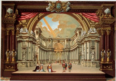 Jean Baptiste Poquelin dit Moliere (1622-1673) tarafından Versailles şatosunun tiyatrosunda bir oyunun temsili. 19. yüzyılın litografisi. Dekoratif Sanatlar, Paris by French School