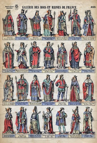 Capetian hanedanından Fransa krallarının ve kraliçelerinin temsili (Louis VII'den Charles VIII'e). 19. yüzyılın sonlarında illüstrasyon. by French School