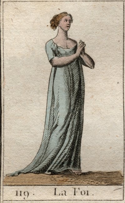 İnancın temsili, beyaz giyinmiş, elleri birleşmiş bir kadın. (Beyaz elbise giymiş, elleri birleşmiş genç bir kadın olarak İnanç). Pierre Blanchard 1803