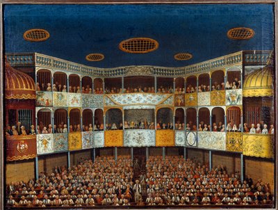 Jean Baptiste Poquelin dit Moliere (1622-1673) tarafından İspanya'daki Minorka Tiyatrosu'nda “Hayali Malad”ın temsili; Salonun ve seyircilerin görünümü. 18. yüzyılın resmi. Paris, Dekoratif Sanatlar by French School