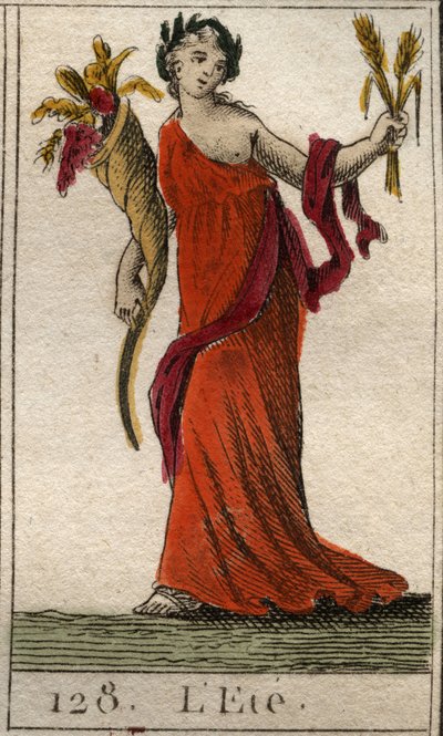 Yaz mevsiminin bir buğday çelengi ve bir bereket boynuzu tutan Ceres olarak temsili. (Yaz, bir yaprak ve bir bereket tutan Ceres olarak temsil edilir). Pierre Blanchard 1803