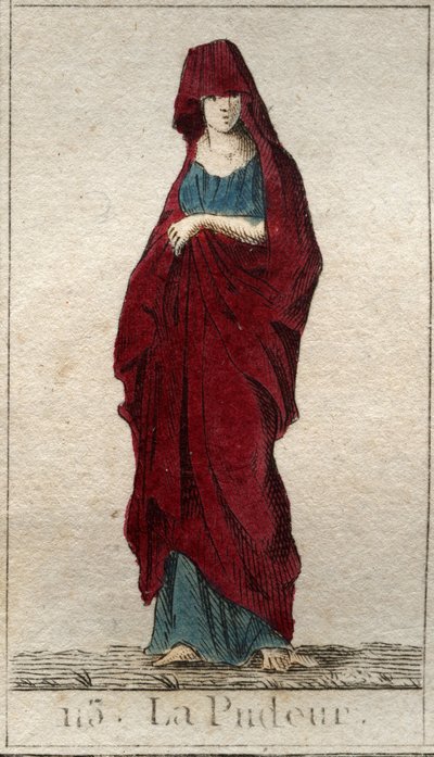 Alçakgönüllülük tanrısının temsili, yüzü peçeyle kaplı genç bir kadın. (Prudishness Temsili, peçeli bir kadın olarak). Pierre Blanchard 1803
