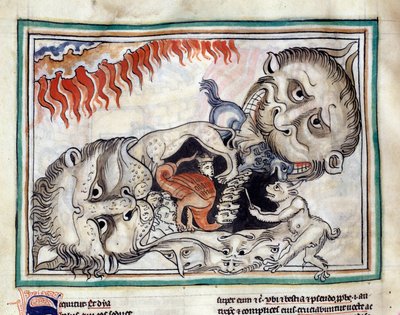 13. yüzyıl Fransız Okulu'nun aydınlattığı “The Apocalypse of Cambrai”den alınan, lanetleri yenen yeraltı yaratıklarının tasvirleri. Bayan 422. Belediye Kütüphanesi, Cambrai by French School