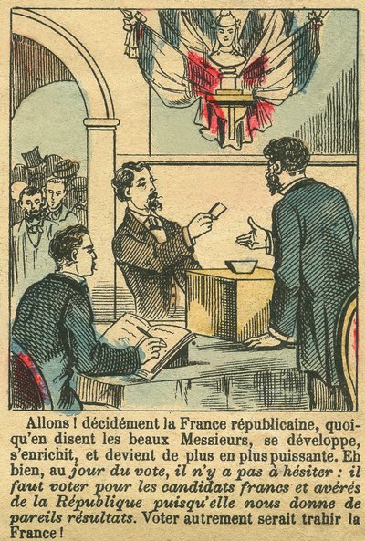 Cumhuriyetçi Fransa Fransızların oylarını hak etti. Gravür, "Le Figaro, ek", 30/03/1889, Paris. Coll. Selva. by French School