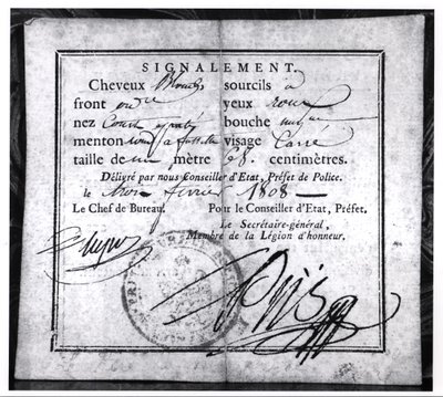 Güvenlik Kartının arka yüzü, 1808 (kağıt üzerine kalem ve mürekkep) by French School