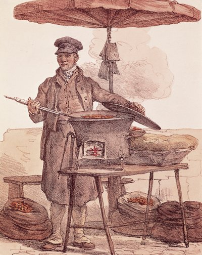 Kavrulmuş kestane satıcısı, baskı, Fransa by French School