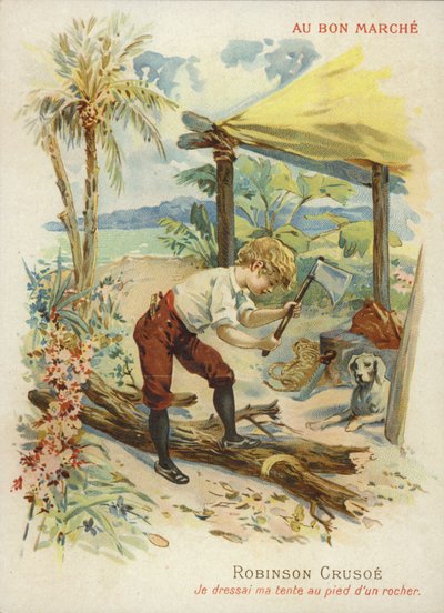 Yakacak odun doğrayan Robinson Crusoe by French School
