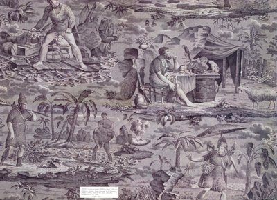 Robinson Crusoe, F. Pieters tasarımından, c.1815-20 (rulo baskılı pamuk) by French School