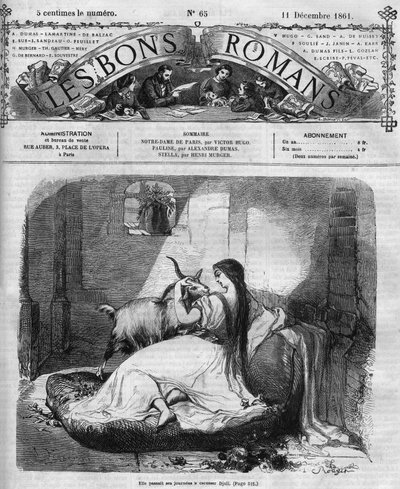 Roma dizisi: “” Notre Dame de Paris”, Victor Hugo (1802-1885). Esmeralda ve keçi. “Les bons romantizm”de gravür by French School