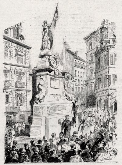 Rouen: Joan of Arc heykelinin önünde Vatanseverler Birliği üyeleri, Paul Merwart tarafından “bayrak - Yurtseverler Birliği