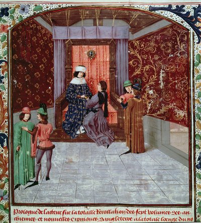 Roy 15 E IV f.14 Edward IV, kitabı yazardan alırken, Anciennes Chroniques d