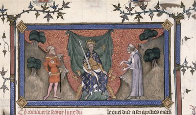 Roy 19 C IV f.154 Fransa Kralı V. Charles (1337-80), bir şövalye ile bir katip arasında taç, kılıç ve asa ile tahta çıktı by French School