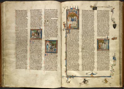 Royal 14 E. III, ff.88v-89 Lancelot, başı kesilmiş dedesi kralın kafasını kaynayan bir kuyudan çıkarırken; iki şövalyenin üzerine çöken bir bina. Sağda, 'Estoire del Saint Graal'dan bir ziyafette oturan Arthur ve Guinevere'nin minyatürü, by French School