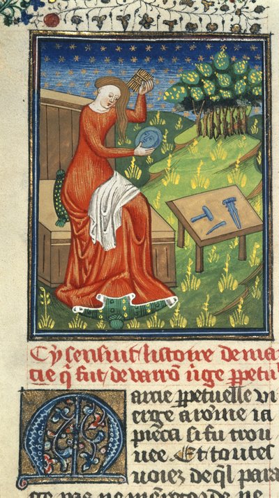 Royal 16 G. V, f.80 Kyzikoslu Jaia, tarak, ayna ve heykeltıraş aletleriyle, Giovanni Boccaccio