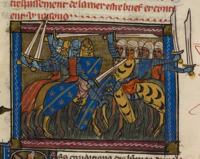 Royal 19 D. I f.189v Hıristiyan ve Sarazen orduları savaşta, 