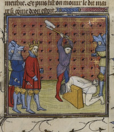 Royal 20 C. VII f.134v Fransız soylularına karşı Jacquerie ayaklanmasının liderleri, Navarre Kralı'nın emriyle, 'Chroniques de France ou de St Denis'ten (parşömen üzerine mürekkep, renk ve altın) başlarını kestiler. by French School
