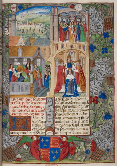 Royal 20 E. V, f.8 Charles VII'nin taç giyme töreni, 'Chroniques de France ou de Saint Denis' 1487'den sahneler (parşömen) by French School